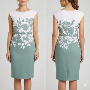 Connected Apparel Sheath Dress Size 4 Sage Green Floral Belted Cap Sleeve Career